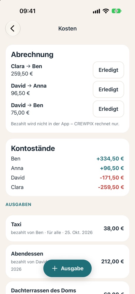 Kostenteiler mit Abrechnung und Kontoständen
