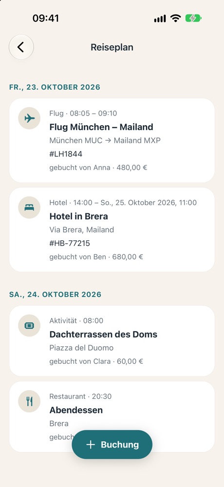 Reiseplan mit Flug, Hotel, Aktivität und Restaurant
